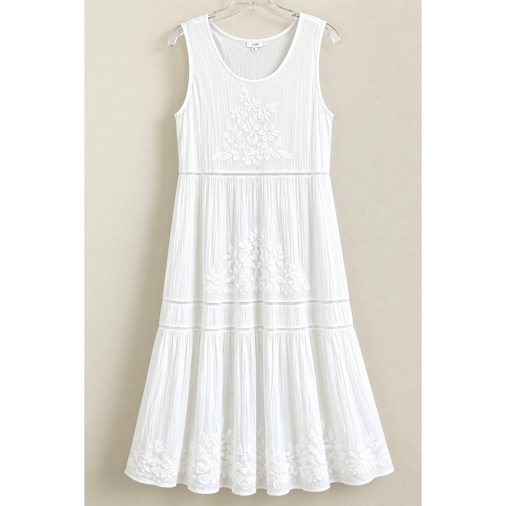 J JILL Maxi Dress 4X White Embroidered Gauze Cotton Blend Tiered Boho Sleeveless - Picture 2 of 10
